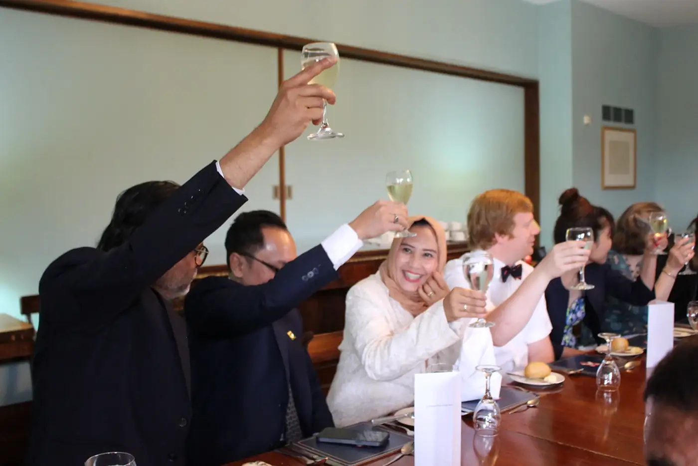 Participants raising a toast at dinner